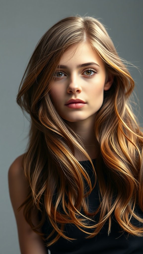 A person with long brown hair featuring caramel highlights, styled in soft waves.