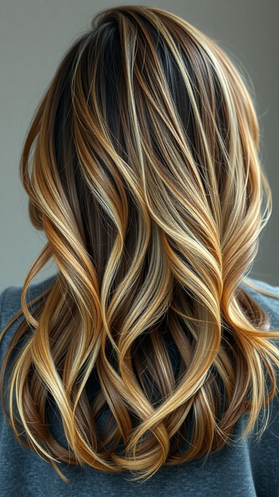 Back view of hair with soft layers and caramel highlights on brown hair.
