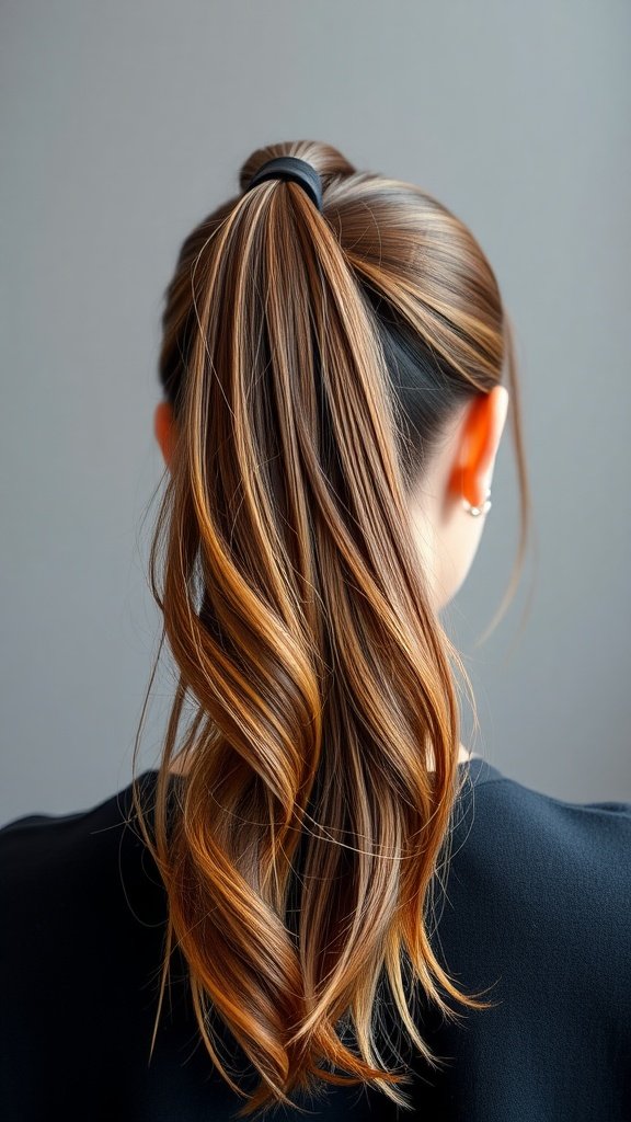 A chic ponytail hairstyle showing brown hair with caramel highlights.