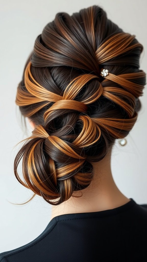 Elegant updo hairstyle featuring brown hair with caramel highlights