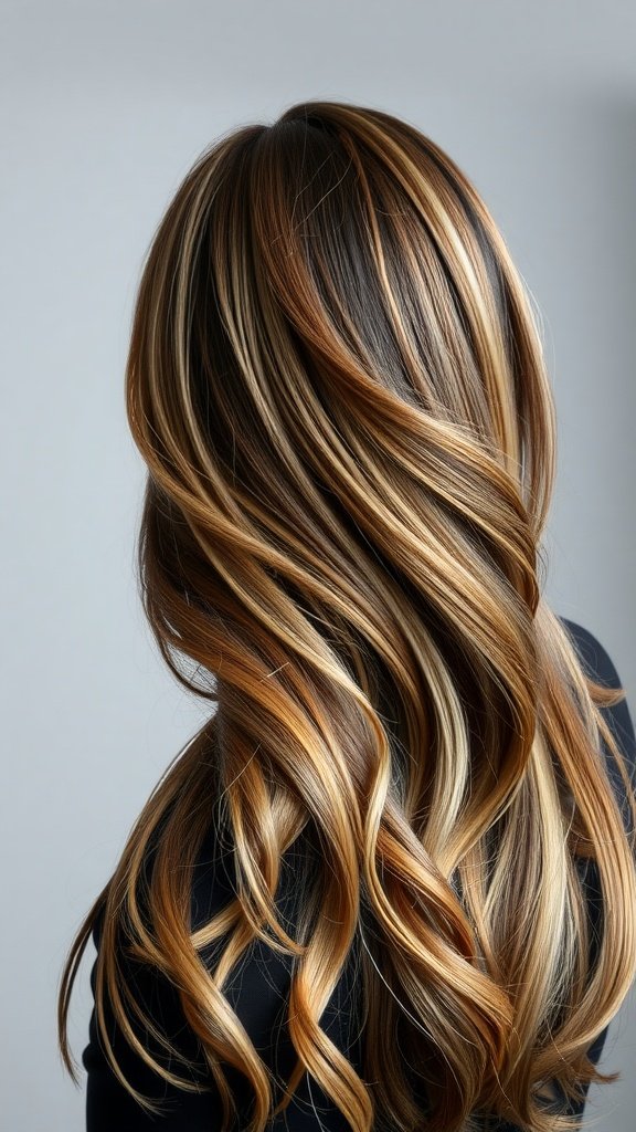 A close-up view of styled brown hair with caramel highlights, showcasing crafted layers and movement.