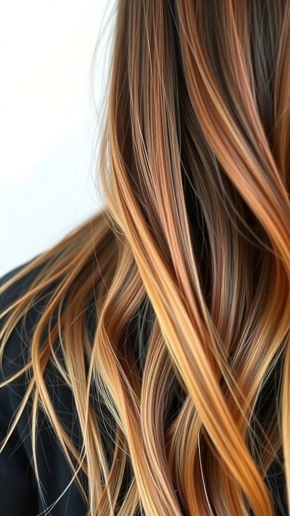 Close-up of brown hair with caramel highlights in a wavy style.