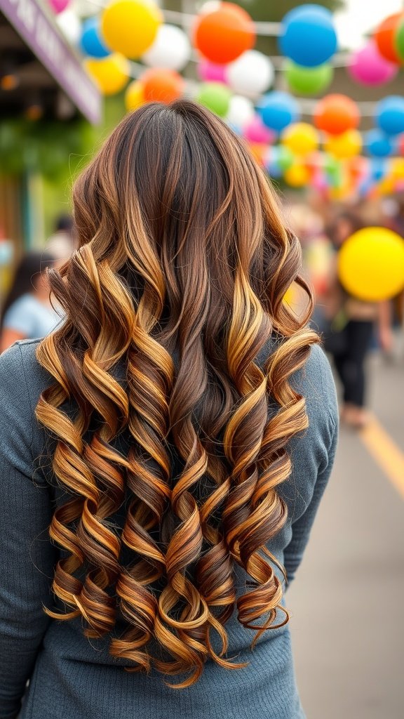 Woman with long, curly brown hair featuring caramel highlights, set against a colorful background.