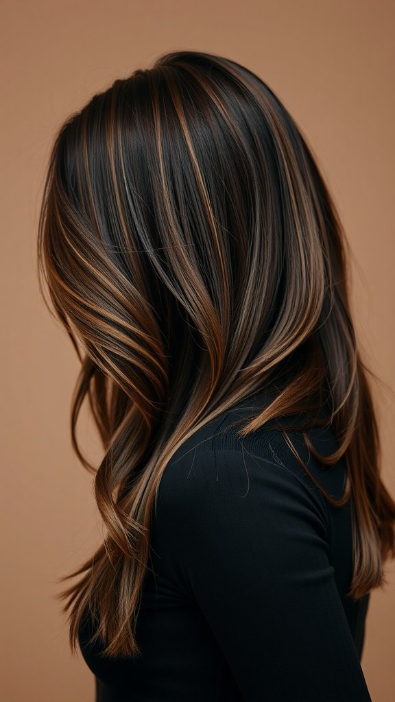 A woman with rich chocolate brown hair featuring caramel highlights, styled elegantly.