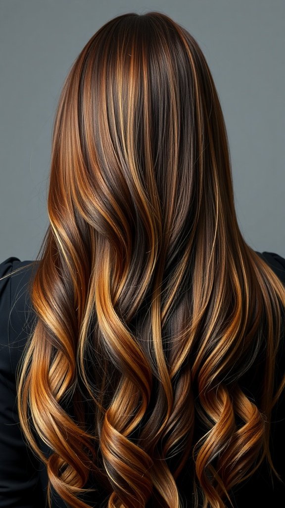 Long brown hair with caramel highlights styled in loose waves.