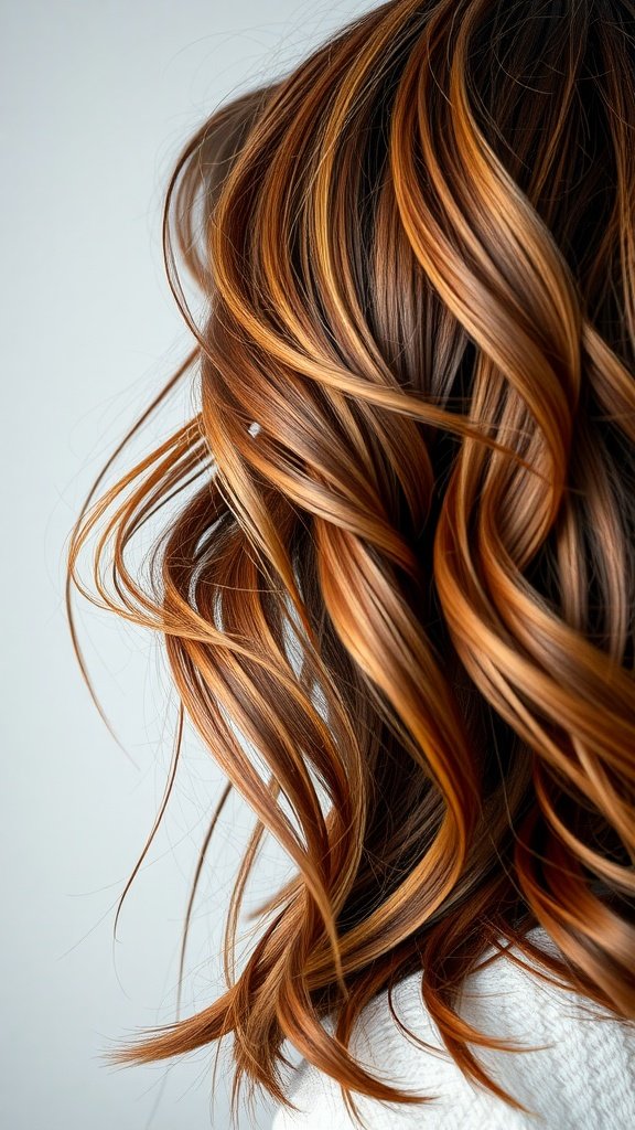 Close-up of brown hair with caramel highlights styled in loose waves