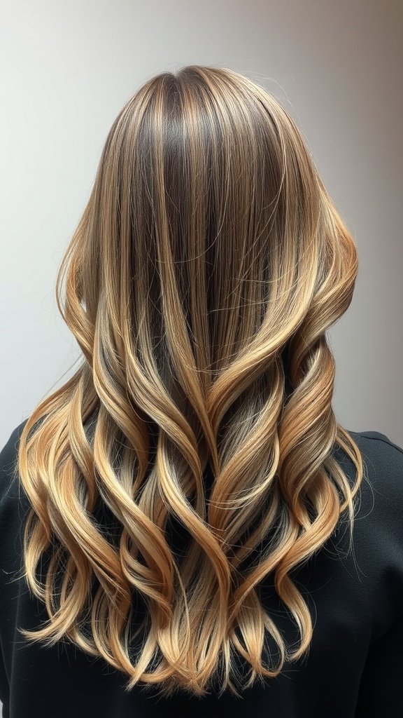 Chestnut brown hair with silver highlights styled in soft waves