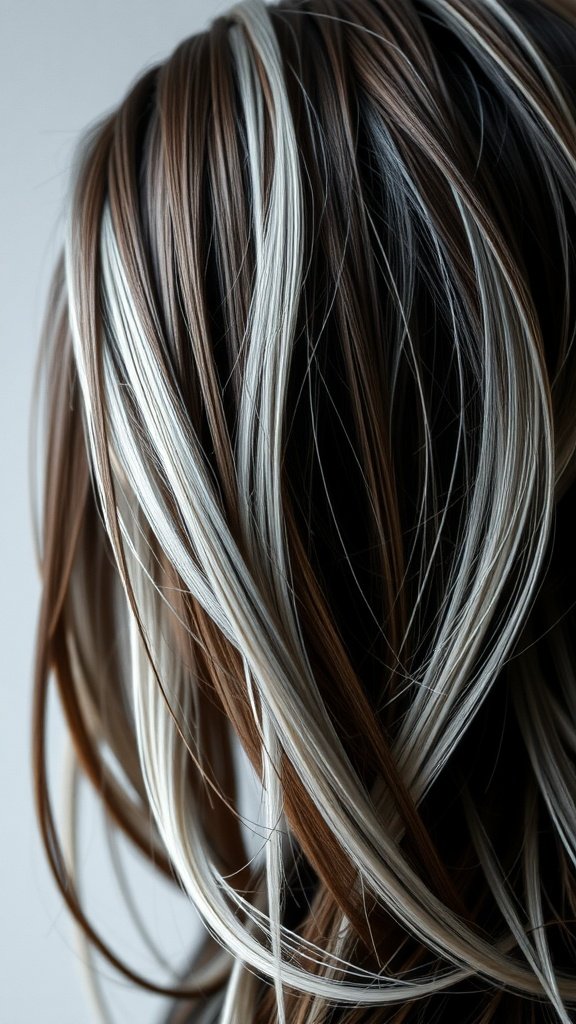 Close-up of dark brown hair with bold silver highlights