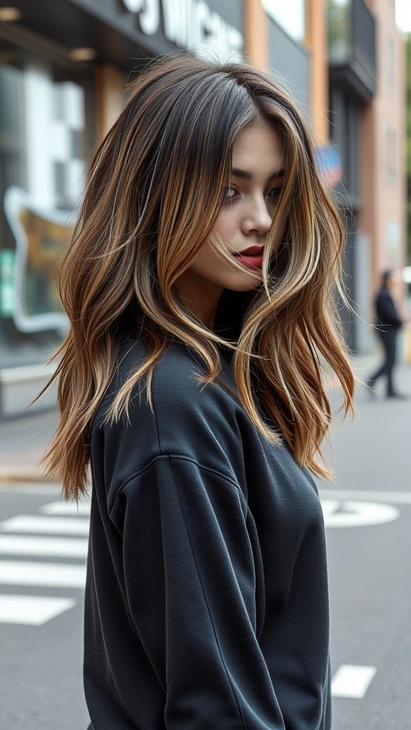 A woman with brown hair featuring silver highlights, styled using the balayage technique.