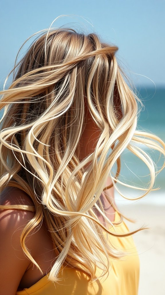 Wavy hair with silver highlights flowing in the breeze at the beach