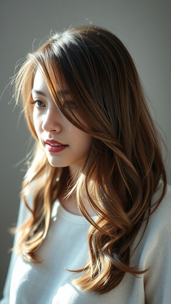A portrait of a person with brown hair featuring soft, subtle silver highlights.