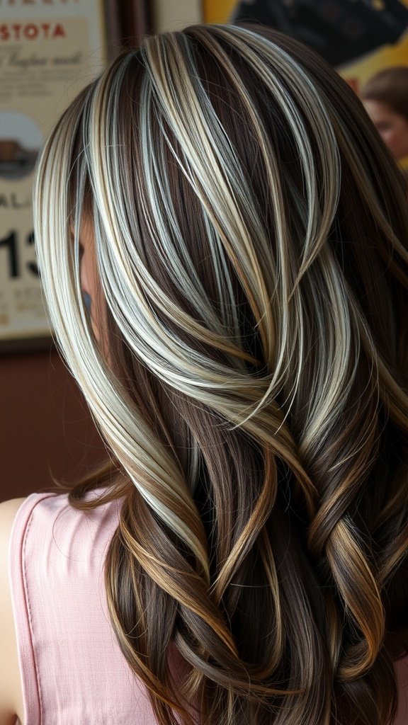 A close-up of brown hair with silver highlights styled in soft waves.