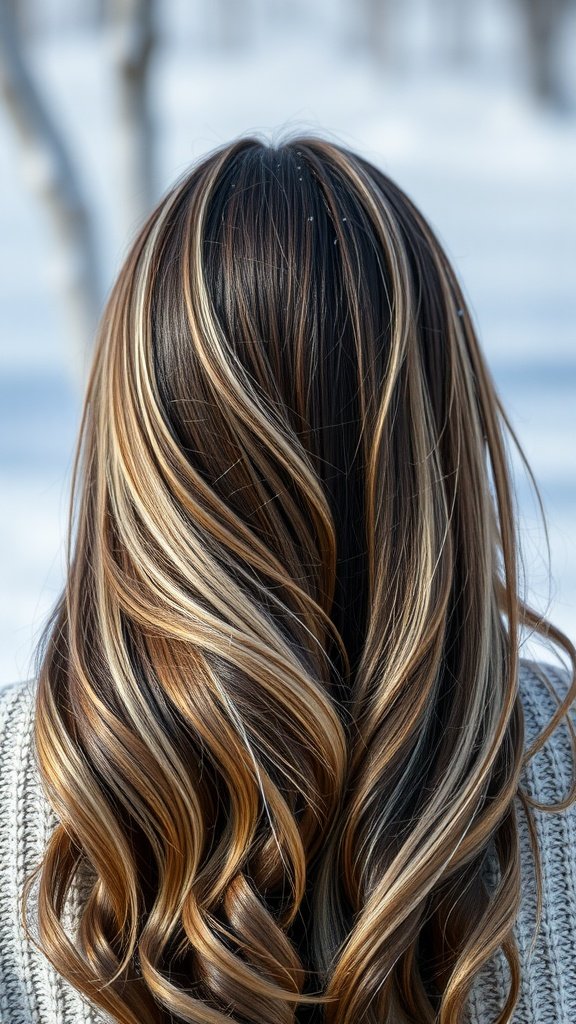 Brown hair with silver highlights styled in curls