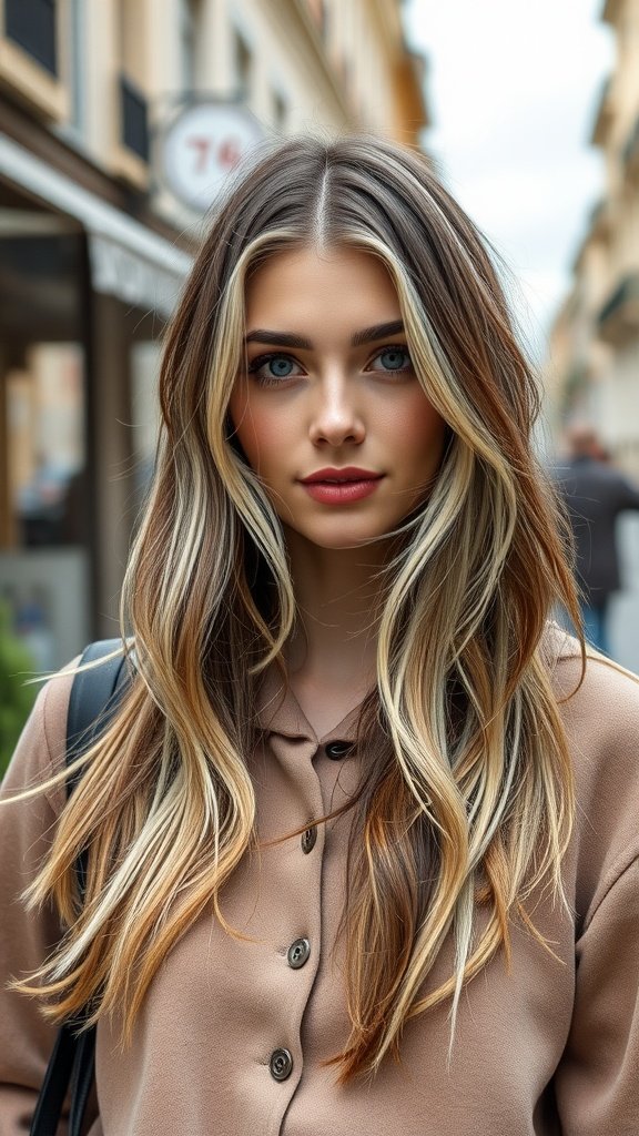 A woman with brown hair featuring silver highlights, wearing a brown button-up shirt, standing outdoors.