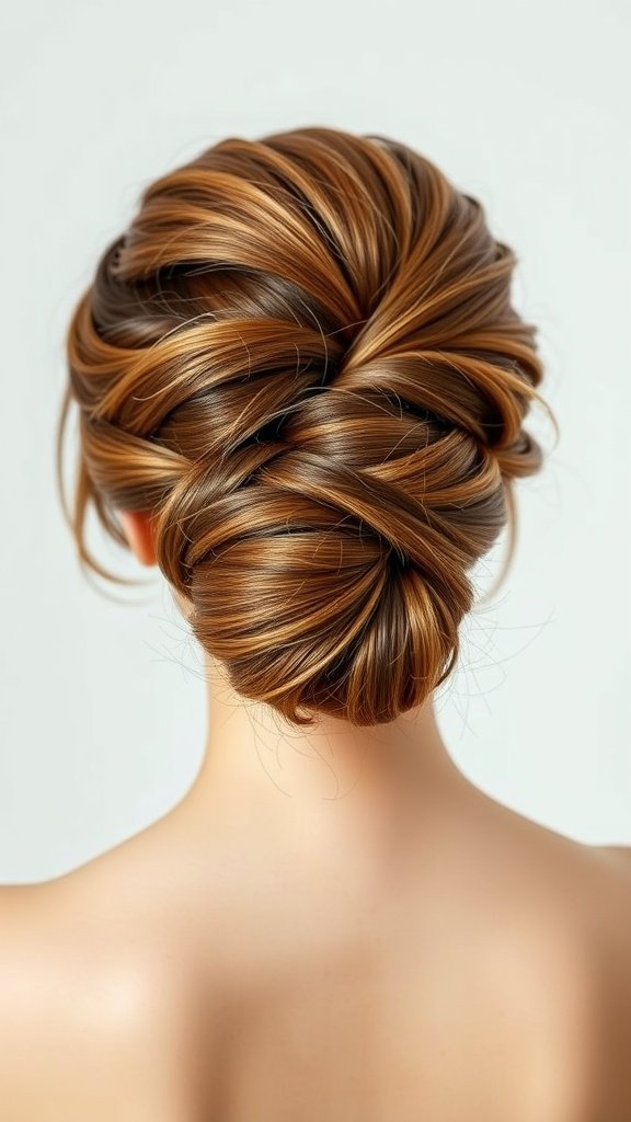 A stylish updo showcasing brown hair with caramel highlights.