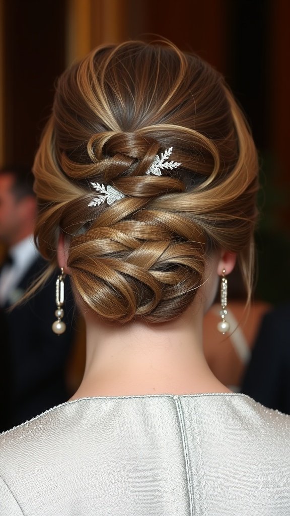 A soft textured updo hairstyle featuring brown hair with silver highlights, adorned with silver accents.