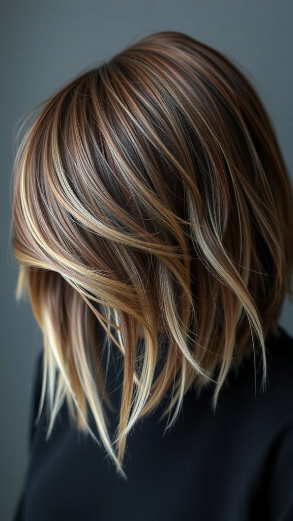 Brown hair with silver peekaboo highlights.
