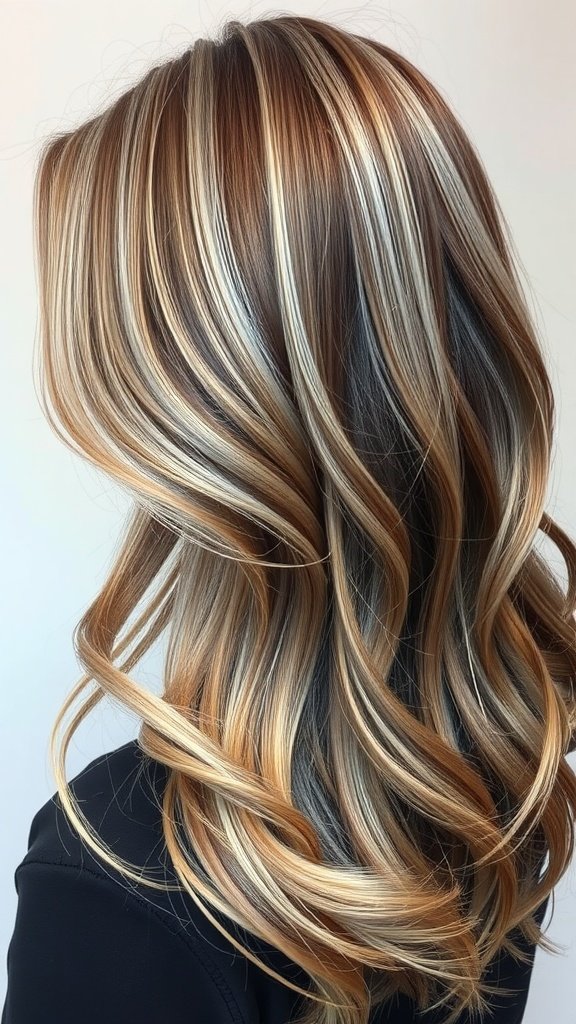 A hairstyle featuring warm brown hair with silver highlights and soft curls.