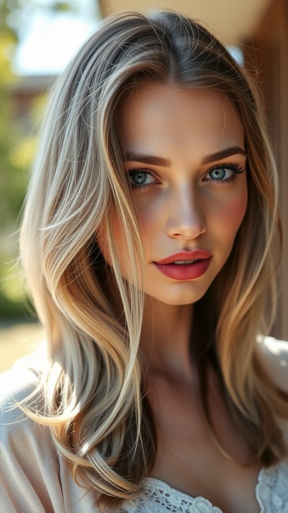 Woman with brown hair and silver highlights in outdoor lighting