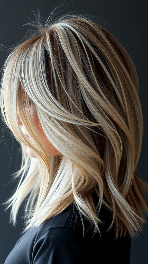 A woman with layered brown hair featuring silver highlights, styled for a modern look.