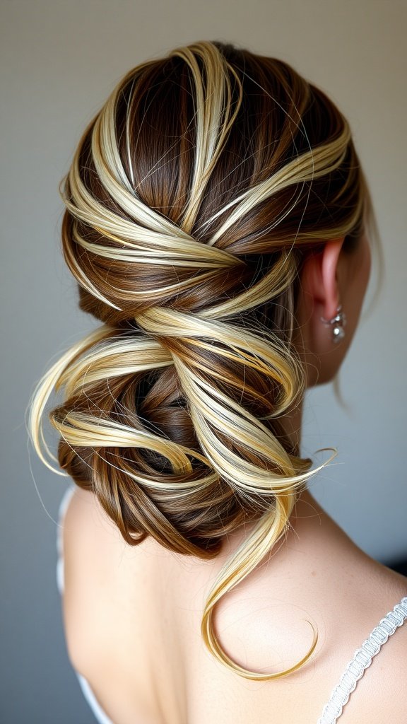 Half-up hairstyle featuring brown hair with silver highlights, styled in soft curls.