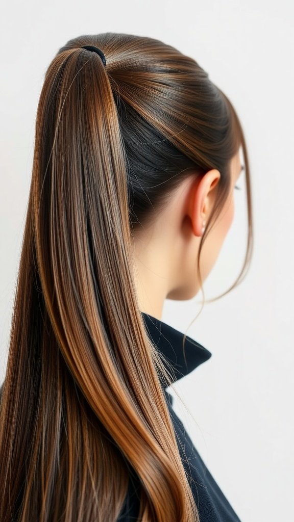 A woman with brown hair styled in a sleek ponytail, featuring silver highlights.