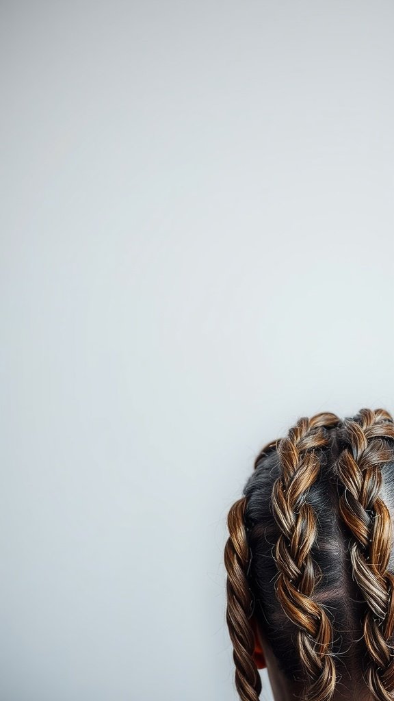 A close-up of textured braids with brown hair and silver highlights.