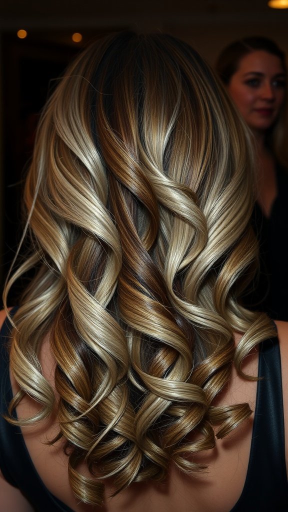 Long brown hair with silver highlights styled in dramatic curls