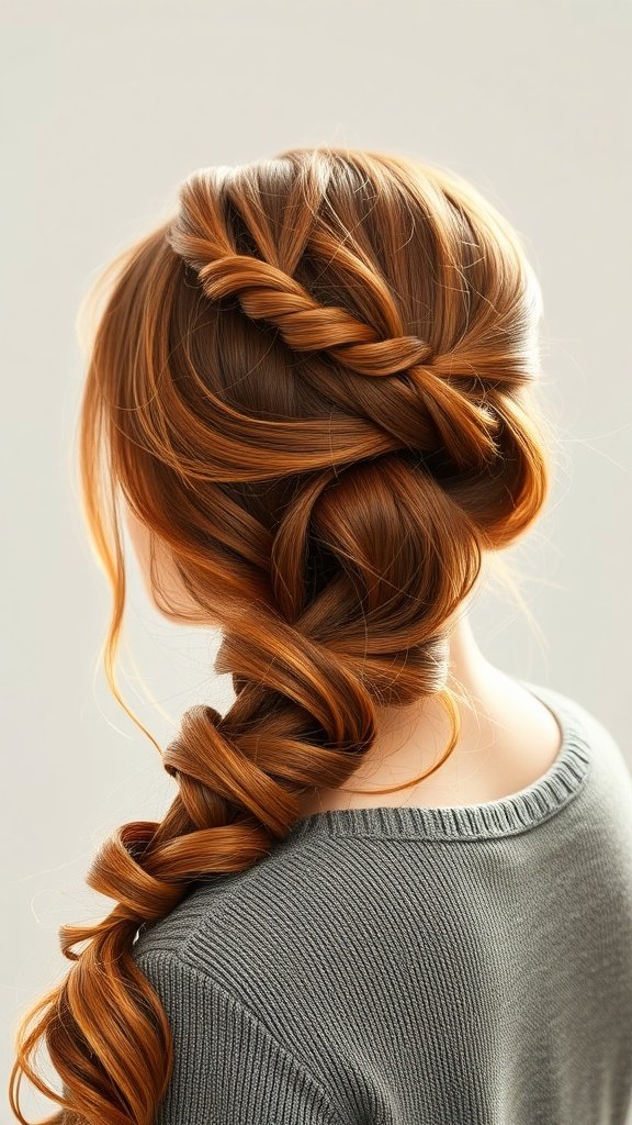 A woman with brown hair styled in intricate braids, featuring caramel highlights that catch the light.