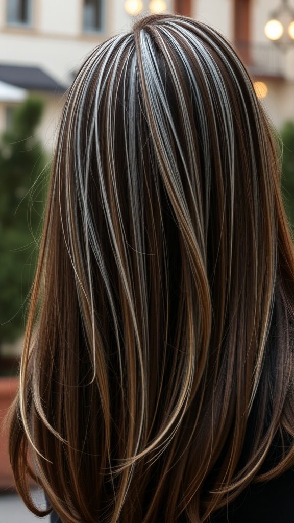 Classic straight brown hair with silver highlights