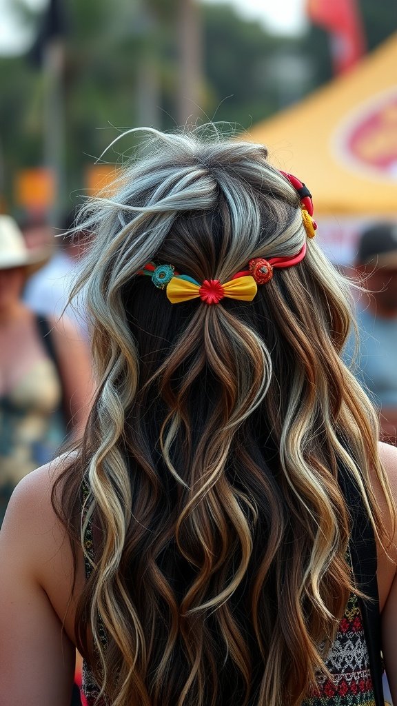 A person with brown hair featuring silver highlights, styled with colorful hair accessories, seen from the back at a festival.