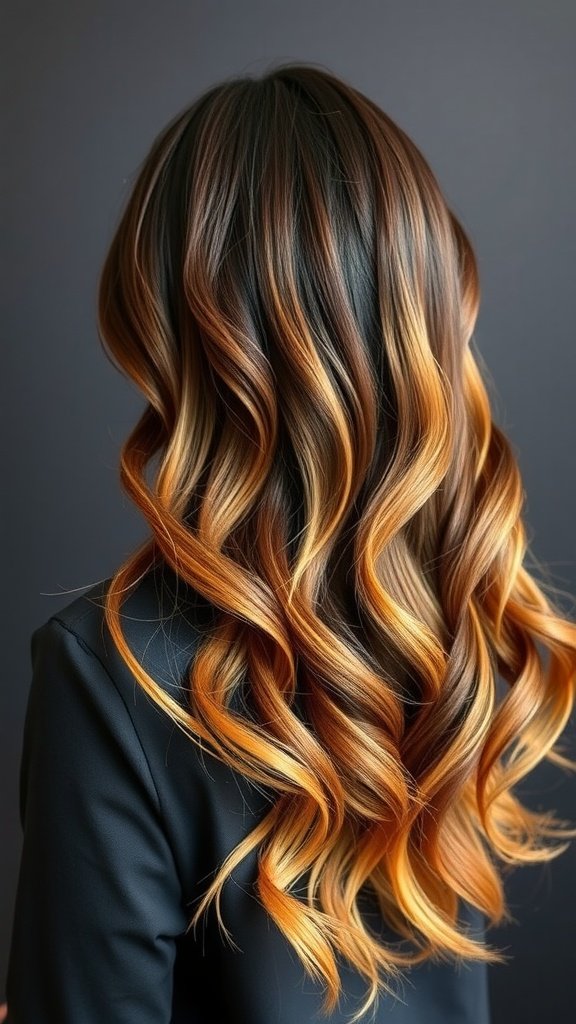 Long brown hair with caramel highlights styled in waves