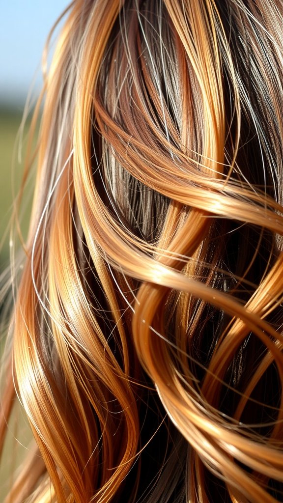 Close-up of brown hair with caramel highlights styled in soft waves