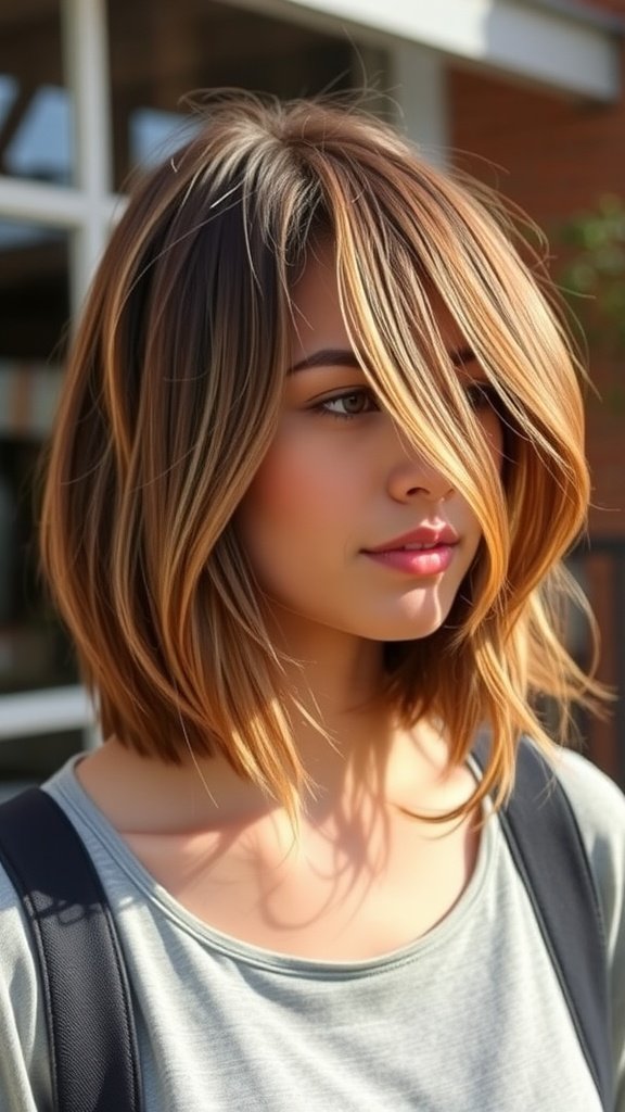 A young woman with brown hair featuring caramel highlights, styled in soft layers.