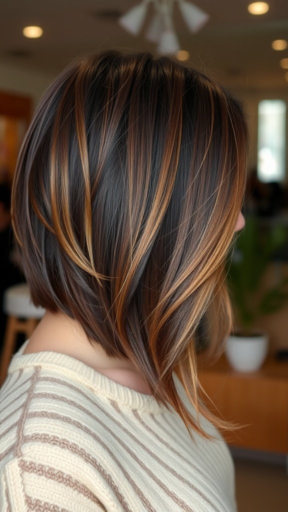 A stylish haircut featuring dark brown hair with caramel highlights, showcasing layers and movement.