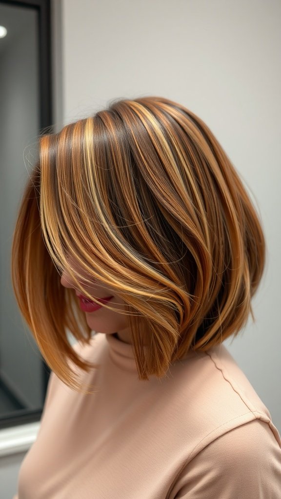 A stylish bob haircut featuring brown hair with caramel highlights.