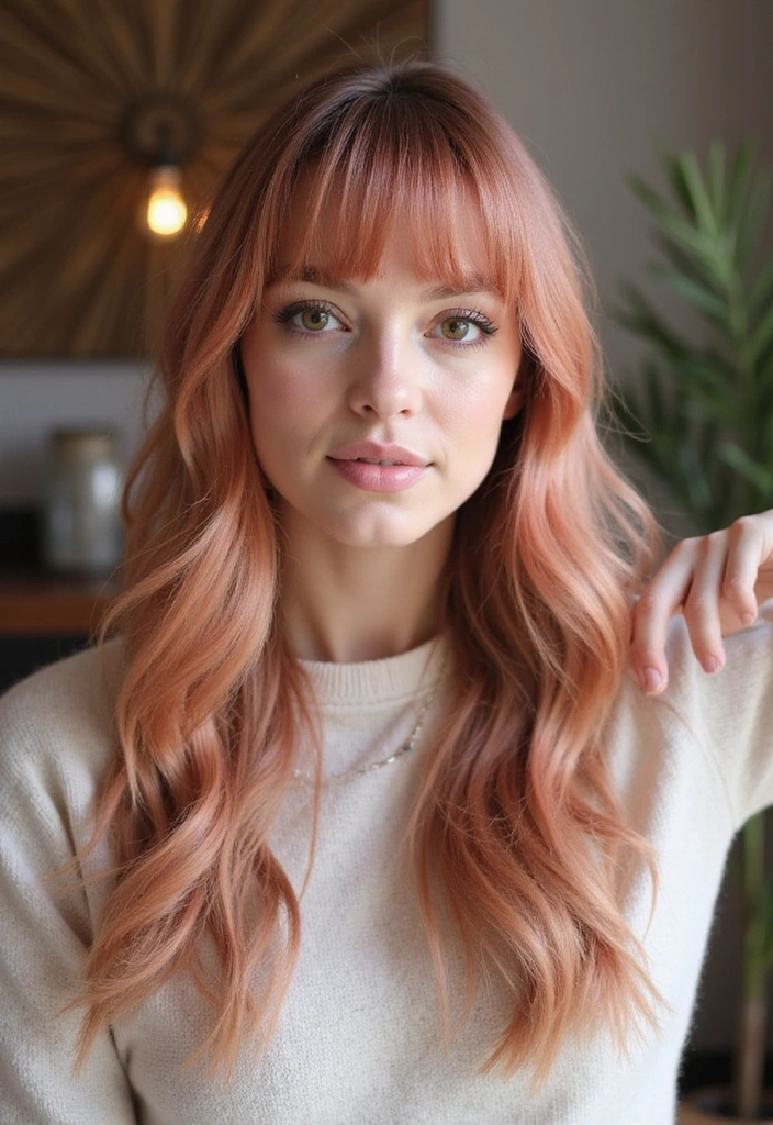 21 Gorgeous Blonde Rose Gold Looks That Will Make You Ditch Your Old Color! - 21. Rose Gold Curtain Bangs