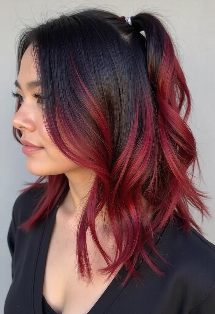 21 Stunning Black Hair Color Ideas That'll Make Heads Turn! - 7. Cherry Red Highlights