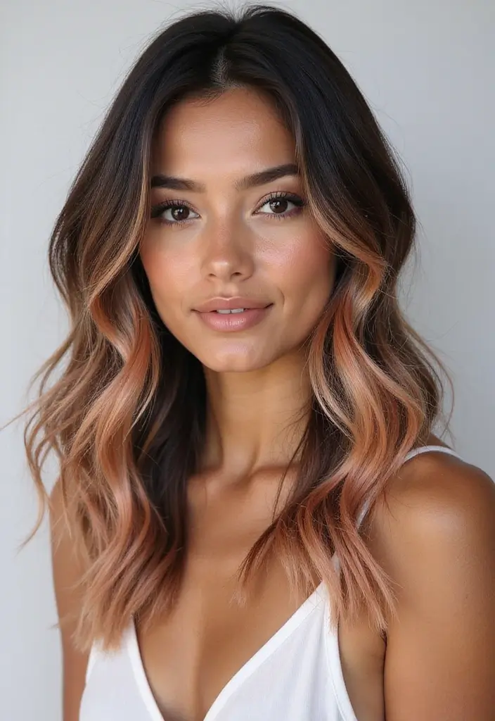 21 Stunning Black Hair Color Ideas That'll Make Heads Turn! - 17. Soft Peach Highlights