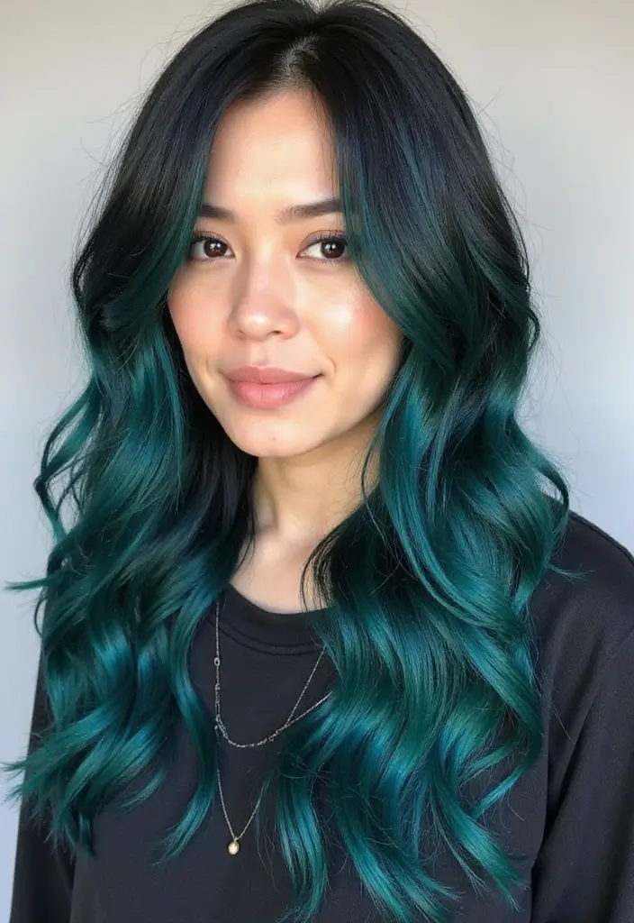 21 Stunning Black Hair Color Ideas That'll Make Heads Turn! - 16. Deep Teal Highlights