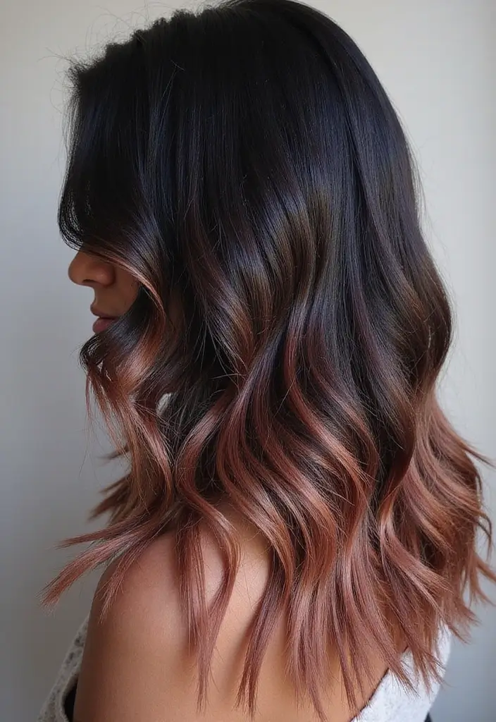 21 Stunning Black Hair Color Ideas That'll Make Heads Turn! - 19. Rose Gold Highlights